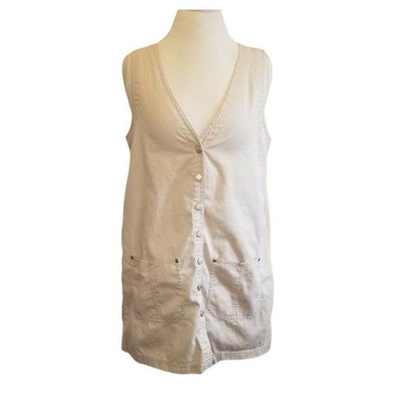 Vintage 90s Khaki Pinafore Mini Dress Button Front Neutral Cotton Pockets Medium - Picture 1 of 6